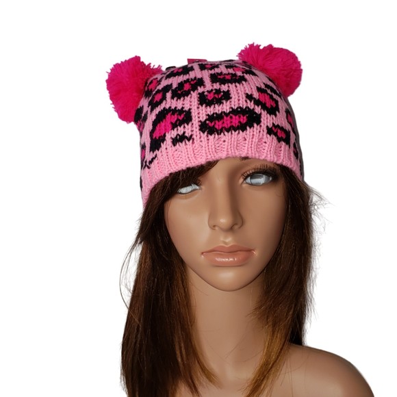 BETSEY JOHNSON KIDS Pink Leopard Winter Hat with Pom Poms - Picture 10 of 11